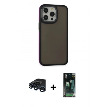 MARSİLYAN™- iPhone 15 Pro Kılıf Eksen Işık - Siyah 360 Mat Full Body Arka Koruyucu + Raze Metal Kamera Lens - LT