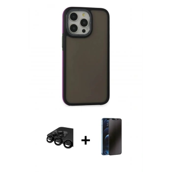 MARSİLYAN™- iPhone 15 Pro Kılıf Eksen Işık - Siyah 3D Antistatik Hayalet Cam Ekran Koruyucu + Raze Metal Kamera Lens - SH