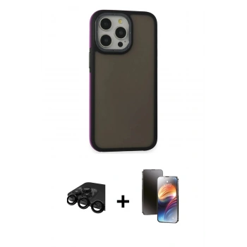MARSİLYAN™- iPhone 15 Pro Kılıf Eksen Işık - Siyah 3D Antistatik Mat Seramik Nano Ekran Koruyucu + Raze Metal Kamera Lens - SH