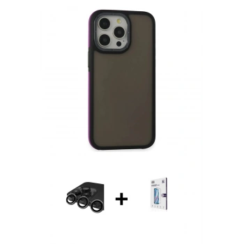 MARSİLYAN™- iPhone 15 Pro Kılıf Eksen Işık - Siyah Bilvis 0.18mm Plus Cam Ekran Koruyucu + Raze Metal Kamera Lens - TMGI