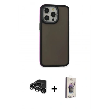 MARSİLYAN™- iPhone 15 Pro Kılıf Eksen Işık - Siyah Bilvis 3D Cam Ekran Koruyucu + Raze Metal Kamera Lens - GS