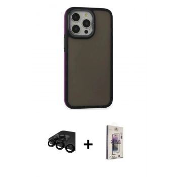 MARSİLYAN™- iPhone 15 Pro Kılıf Eksen Işık - Siyah Bilvis 3D Cam Ekran Koruyucu + Raze Metal Kamera Lens - SH