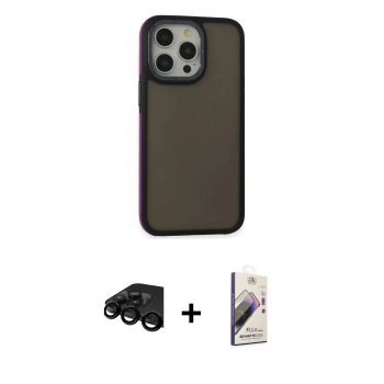 MARSİLYAN™- iPhone 15 Pro Kılıf Eksen Işık - Siyah Bilvis 3D Mat Cam Ekran Koruyucu + Raze Metal Kamera Lens - SH