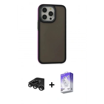 MARSİLYAN™- iPhone 15 Pro Kılıf Eksen Işık - Siyah Bilvis 5in1 3D Magic Cam Ekran Koruyucu + Raze Metal Kamera Lens - TMGI
