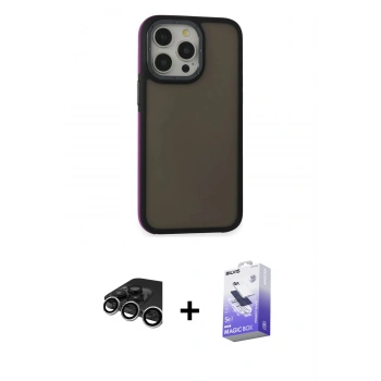 MARSİLYAN™- iPhone 15 Pro Kılıf Eksen Işık - Siyah Bilvis 5in1 5D Magic Hayalet Cam Ekran Koruyucu + Raze Metal Kamera Lens - GS
