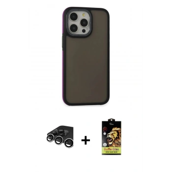 MARSİLYAN™- iPhone 15 Pro Kılıf Eksen Işık - Siyah Buffer Cam Ekran Koruyucu + Raze Metal Kamera Lens - GS