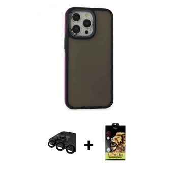 MARSİLYAN™- iPhone 15 Pro Kılıf Eksen Işık - Siyah Buffer Cam Ekran Koruyucu + Raze Metal Kamera Lens - SH