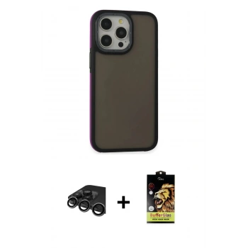 MARSİLYAN™- iPhone 15 Pro Kılıf Eksen Işık - Siyah Buffer Cam Ekran Koruyucu + Raze Metal Kamera Lens - TMGI