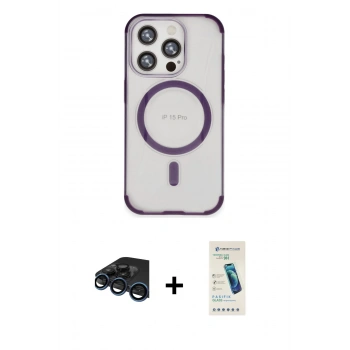 MARSİLYAN™- iPhone 15 Pro Kılıf Eksen Klasik Koleksiyonu - Şeffaf Pasifik Cam Ekran Koruyucu + Raze Metal Kamera Lens - LT