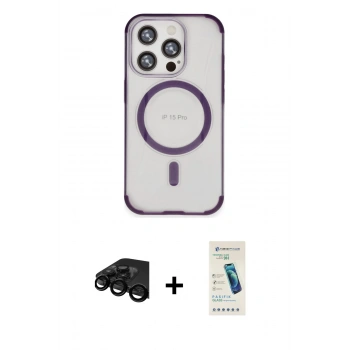 MARSİLYAN™- iPhone 15 Pro Kılıf Eksen Klasik Koleksiyonu - Şeffaf Pasifik Cam Ekran Koruyucu + Raze Metal Kamera Lens - SH