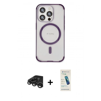 MARSİLYAN™- iPhone 15 Pro Kılıf Eksen Klasik Koleksiyonu - Şeffaf Pasifik Cam Ekran Koruyucu + Raze Metal Kamera Lens - TMGI