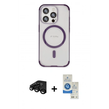 MARSİLYAN™- iPhone 15 Pro Kılıf Eksen Klasik Koleksiyonu - Şeffaf Royal Nano Ekran Koruyucu + Raze Metal Kamera Lens - SH