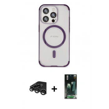 MARSİLYAN™- iPhone 15 Pro Kılıf Eksen Klasik Koleksiyonu - Siyah 360 Mat Full Body Arka Koruyucu + Raze Metal Kamera Lens - TMGI