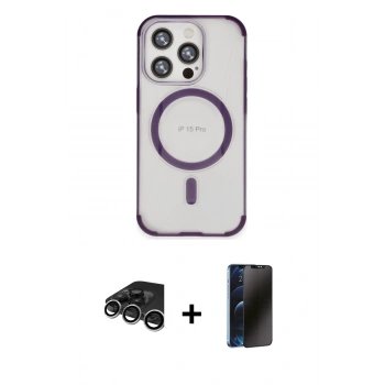 MARSİLYAN™- iPhone 15 Pro Kılıf Eksen Klasik Koleksiyonu - Siyah 3D Antistatik Hayalet Cam Ekran Koruyucu + Raze Metal Kamera Lens - GS