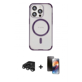 MARSİLYAN™- iPhone 15 Pro Kılıf Eksen Klasik Koleksiyonu - Siyah 3D Antistatik Mat Seramik Nano Ekran Koruyucu + Raze Metal Kamera Lens - TMGI