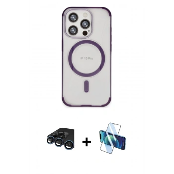 MARSİLYAN™- iPhone 15 Pro Kılıf Eksen Klasik Koleksiyonu - Siyah 3D Antistatik Seramik Nano Ekran Koruyucu + Raze Metal Kamera Lens - LT