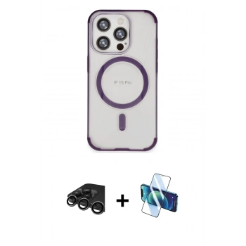 MARSİLYAN™- iPhone 15 Pro Kılıf Eksen Klasik Koleksiyonu - Siyah 3D Antistatik Seramik Nano Ekran Koruyucu + Raze Metal Kamera Lens - TMGI