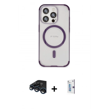 MARSİLYAN™- iPhone 15 Pro Kılıf Eksen Klasik Koleksiyonu - Siyah Bilvis 0.18mm Plus Cam Ekran Koruyucu + Raze Metal Kamera Lens - LT