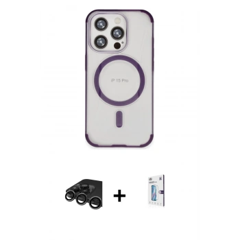 MARSİLYAN™- iPhone 15 Pro Kılıf Eksen Klasik Koleksiyonu - Siyah Bilvis 0.18mm Plus Cam Ekran Koruyucu + Raze Metal Kamera Lens - TMGI