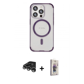 MARSİLYAN™- iPhone 15 Pro Kılıf Eksen Klasik Koleksiyonu - Siyah Bilvis 3D Cam Ekran Koruyucu + Raze Metal Kamera Lens - GS