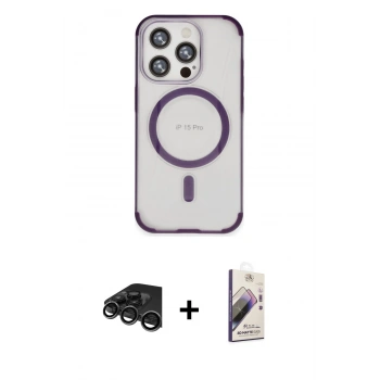MARSİLYAN™- iPhone 15 Pro Kılıf Eksen Klasik Koleksiyonu - Siyah Bilvis 3D Mat Cam Ekran Koruyucu + Raze Metal Kamera Lens - TMGI