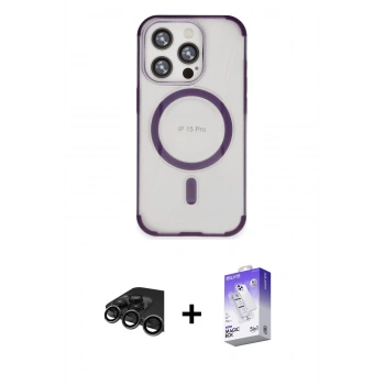 MARSİLYAN™- iPhone 15 Pro Kılıf Eksen Klasik Koleksiyonu - Siyah Bilvis 5in1 3D Magic Cam Ekran Koruyucu + Raze Metal Kamera Lens - TMGI