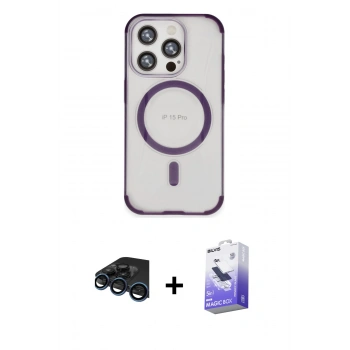 MARSİLYAN™- iPhone 15 Pro Kılıf Eksen Klasik Koleksiyonu - Siyah Bilvis 5in1 5D Magic Hayalet Cam Ekran Koruyucu + Raze Metal Kamera Lens - LT