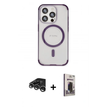 MARSİLYAN™- iPhone 15 Pro Kılıf Eksen Klasik Koleksiyonu - Siyah Bilvis Hayalet Cam Ekran Koruyucu + Raze Metal Kamera Lens - GS