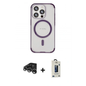 MARSİLYAN™- iPhone 15 Pro Kılıf Eksen Klasik Koleksiyonu - Siyah Bilvis Hayalet Cam Ekran Koruyucu + Raze Metal Kamera Lens - GS