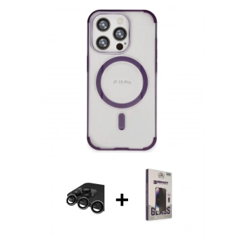 MARSİLYAN™- iPhone 15 Pro Kılıf Eksen Klasik Koleksiyonu - Siyah Bilvis Hayalet Cam Ekran Koruyucu + Raze Metal Kamera Lens - TMGI