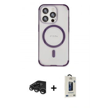 MARSİLYAN™- iPhone 15 Pro Kılıf Eksen Klasik Koleksiyonu - Siyah Bilvis Hayalet Cam Ekran Koruyucu + Raze Metal Kamera Lens - TMGI