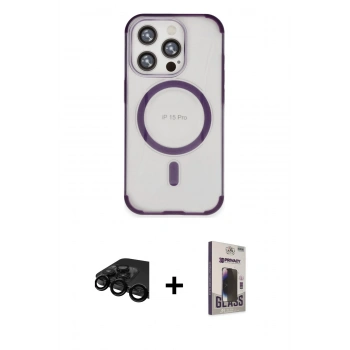 MARSİLYAN™- iPhone 15 Pro Kılıf Eksen Klasik Koleksiyonu - Siyah Bilvis Hayalet Cam Ekran Koruyucu + Raze Metal Kamera Lens - SH