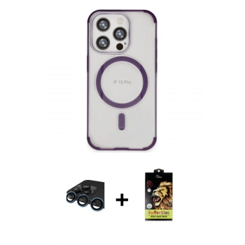 MARSİLYAN™- iPhone 15 Pro Kılıf Eksen Klasik Koleksiyonu - Siyah Buffer Cam Ekran Koruyucu + Raze Metal Kamera Lens - LT