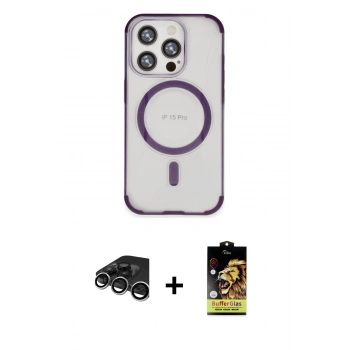 MARSİLYAN™- iPhone 15 Pro Kılıf Eksen Klasik Koleksiyonu - Siyah Buffer Cam Ekran Koruyucu + Raze Metal Kamera Lens - GS