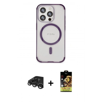 MARSİLYAN™- iPhone 15 Pro Kılıf Eksen Klasik Koleksiyonu - Siyah Buffer Cam Ekran Koruyucu + Raze Metal Kamera Lens - TMGI
