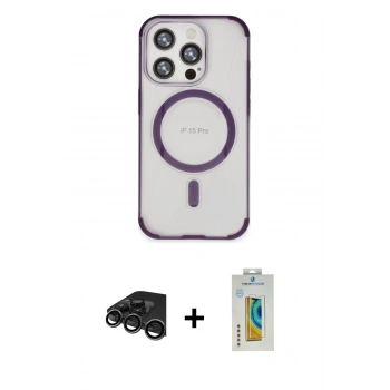 MARSİLYAN™- iPhone 15 Pro Kılıf Eksen Klasik Koleksiyonu - Siyah Polymer Nano Ekran Koruyucu + Raze Metal Kamera Lens - TMGI