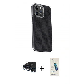 MARSİLYAN™- iPhone 15 Pro Kılıf Kıvılcım Modern Özel Seri - Şeffaf Pasifik Cam Ekran Koruyucu + Raze Metal Kamera Lens - LT