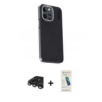 MARSİLYAN™- iPhone 15 Pro Kılıf Kıvılcım Modern Özel Seri - Şeffaf Pasifik Cam Ekran Koruyucu + Raze Metal Kamera Lens - TMGI