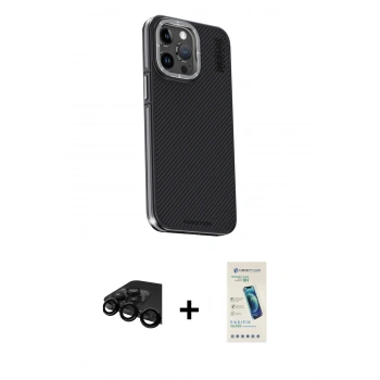 MARSİLYAN™- iPhone 15 Pro Kılıf Kıvılcım Modern Özel Seri - Şeffaf Pasifik Cam Ekran Koruyucu + Raze Metal Kamera Lens - SH