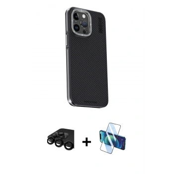 MARSİLYAN™- iPhone 15 Pro Kılıf Kıvılcım Modern Özel Seri - Siyah 3D Antistatik Cam Ekran Koruyucu + Raze Metal Kamera Lens - SH