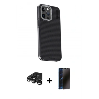 MARSİLYAN™- iPhone 15 Pro Kılıf Kıvılcım Modern Özel Seri - Siyah 3D Antistatik Hayalet Cam Ekran Koruyucu + Raze Metal Kamera Lens - GS