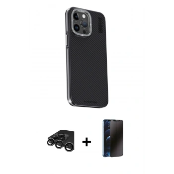 MARSİLYAN™- iPhone 15 Pro Kılıf Kıvılcım Modern Özel Seri - Siyah 3D Antistatik Hayalet Cam Ekran Koruyucu + Raze Metal Kamera Lens - TMGI