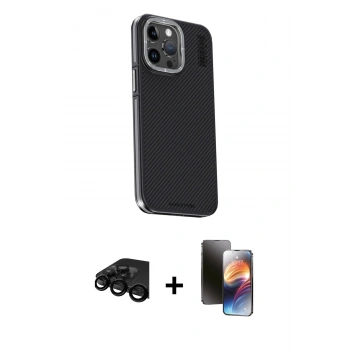 MARSİLYAN™- iPhone 15 Pro Kılıf Kıvılcım Modern Özel Seri - Siyah 3D Antistatik Mat Seramik Nano Ekran Koruyucu + Raze Metal Kamera Lens - SH