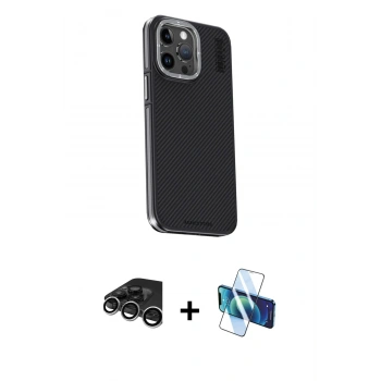 MARSİLYAN™- iPhone 15 Pro Kılıf Kıvılcım Modern Özel Seri - Siyah 3D Antistatik Seramik Nano Ekran Koruyucu + Raze Metal Kamera Lens - GS
