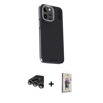 MARSİLYAN™- iPhone 15 Pro Kılıf Kıvılcım Modern Özel Seri - Siyah Bilvis 3D Cam Ekran Koruyucu + Raze Metal Kamera Lens - GS