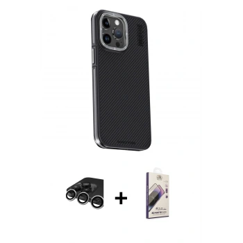MARSİLYAN™- iPhone 15 Pro Kılıf Kıvılcım Modern Özel Seri - Siyah Bilvis 3D Mat Cam Ekran Koruyucu + Raze Metal Kamera Lens - GS