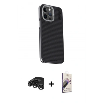 MARSİLYAN™- iPhone 15 Pro Kılıf Kıvılcım Modern Özel Seri - Siyah Bilvis 3D Mat Cam Ekran Koruyucu + Raze Metal Kamera Lens - TMGI