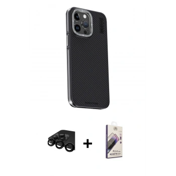MARSİLYAN™- iPhone 15 Pro Kılıf Kıvılcım Modern Özel Seri - Siyah Bilvis 3D Mat Cam Ekran Koruyucu + Raze Metal Kamera Lens - SH