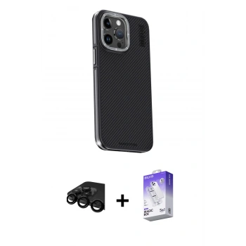 MARSİLYAN™- iPhone 15 Pro Kılıf Kıvılcım Modern Özel Seri - Siyah Bilvis 5in1 3D Magic Cam Ekran Koruyucu + Raze Metal Kamera Lens - SH