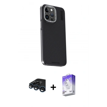 MARSİLYAN™- iPhone 15 Pro Kılıf Kıvılcım Modern Özel Seri - Siyah Bilvis 5in1 3D Magic Cam Ekran Koruyucu + Raze Metal Kamera Lens - LT